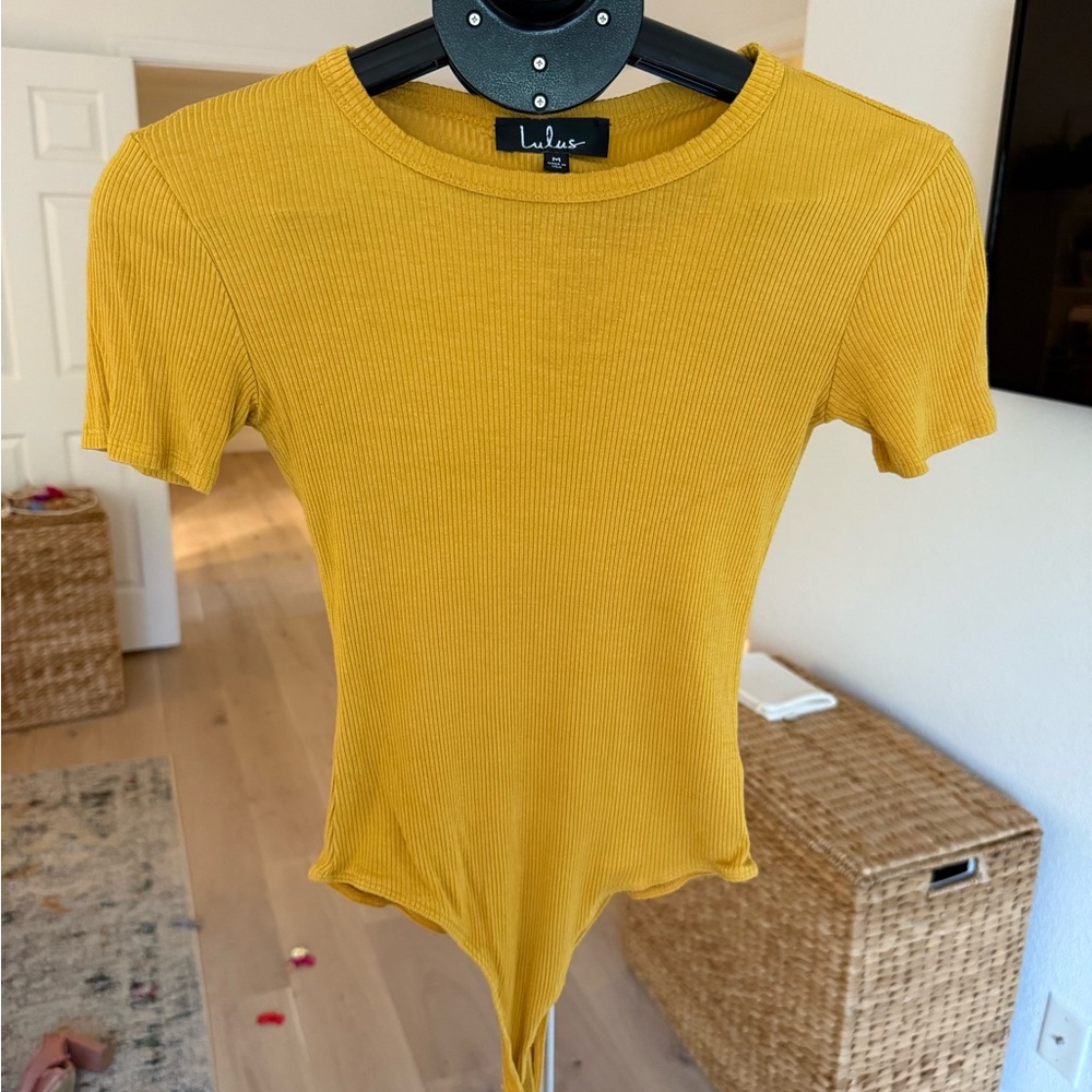 Lulu's Mustard Yellow Ribbed Knit Bodysuit